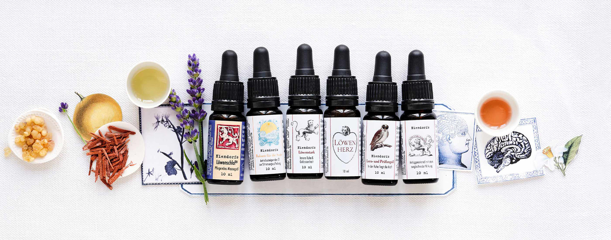 Sechs Fläschchen aus der Kategorie Öle für die Psyche mit botanischen Zeichnungen und Kräuterzutaten, arrangiert auf weißem Stoff