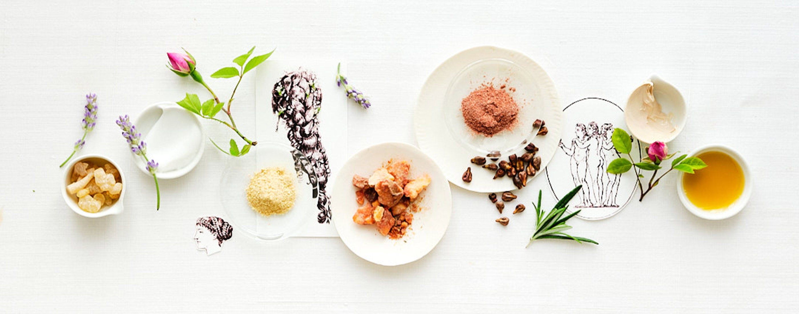 Zutaten wie Lavendel, Harze, Öle und Pflanzenextrakte sind neben kunstvollen Zeichnungen arrangiert – symbolisch für die Pflege von Haut und Haar mit pflanzlichen Rezepturen.