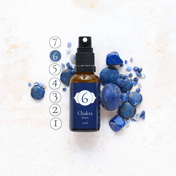 Chakra-Spray 6 – Stirn von Löwen-Manufactur – 50 ml natürliches Raumspray mit ätherischen Ölen aus Lemongras, Ackerminze, Myrrhe, rotem Thymian, Immortelle, Rosmarin cineol und Zirbelkiefer zur energetischen Unterstützung des Stirnchakras (Ajna); im Braunglasfläschchen mit Sprühaufsatz