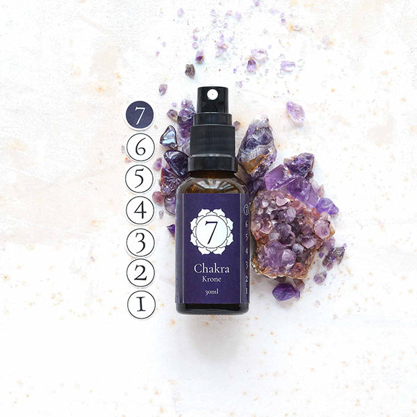 Chakra-Spray 7 – Krone von Löwen-Manufactur – 50 ml natürliches Raumspray mit ätherischen Ölen aus Weihrauch, Myrrhe, Angelikawurzel, Neroli, Sandelholz, Linaloeholz und Muskatnuss zur energetischen Unterstützung des Kronenchakras; im Braunglasfläschchen mit Sprühaufsatz