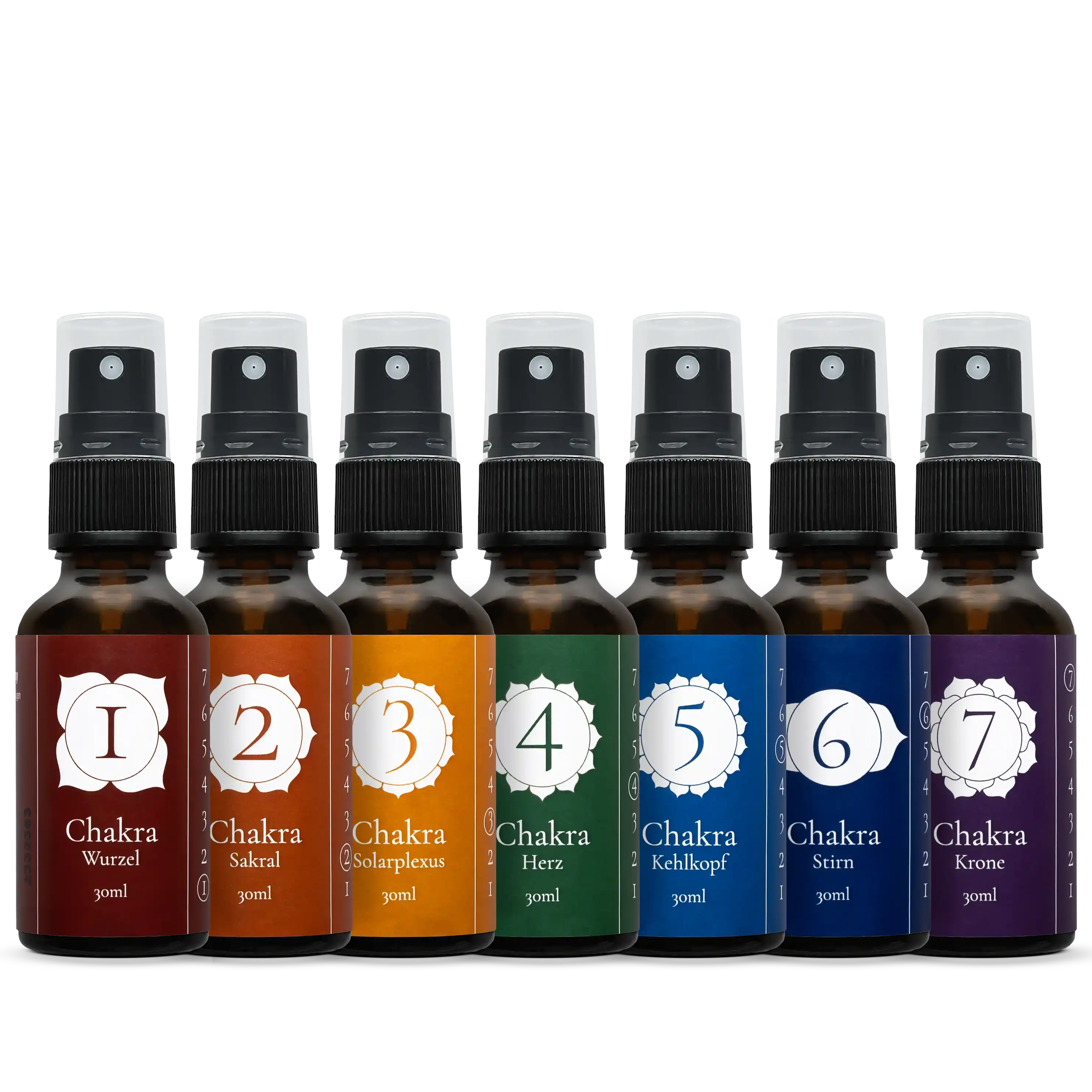 Vorteils‑Set Chakren‑Sprays 1–7 – sieben 50 ml Braunglas‑Raumsprays mit ätherischen Ölmischungen passend zu den sieben Chakren (Wurzel bis Krone), zur energetischen Unterstützung und Harmonisierung; im Vorteils-Set