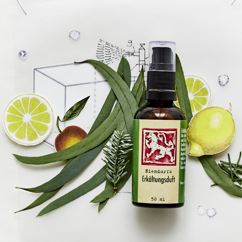Niendorfs Erkältungsduft – 50 ml natürliches Raumspray mit ätherischen Ölen aus Zitrone, Eukalyptus und Weißtanne zur Reduktion der Keimbelastung und Förderung klarer Atemwege, im Braunglasfläschchen mit Sprühaufsatz