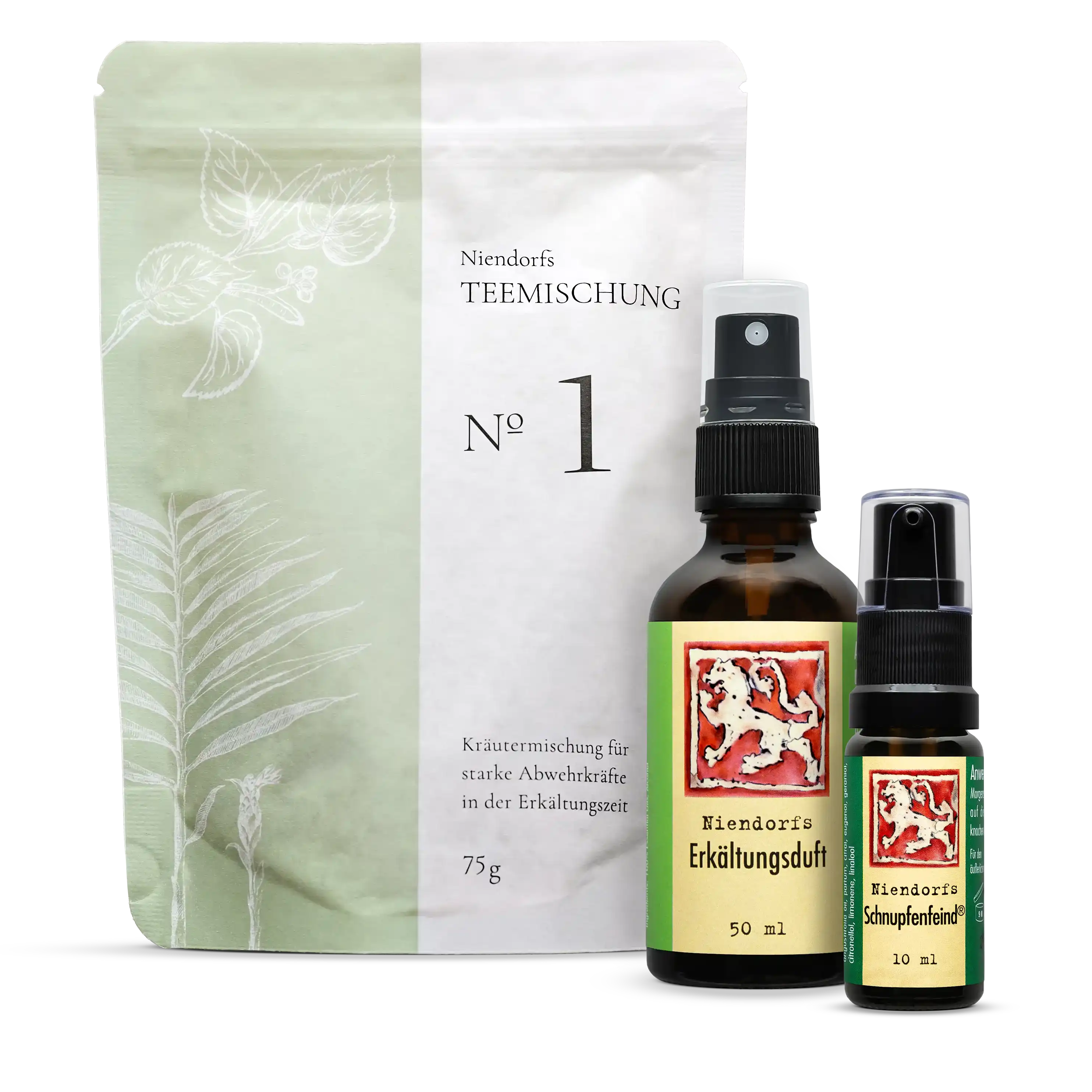 Vorteils-Set Erkältung von Löwen-Manufactur – bestehend aus Niendorfs Schnupfenfeind (10 ml), Niendorfs Erkältungsduft (50 ml) und gratis Teemischung Nr. 1 zur Unterstützung bei Erkältungssymptomen, in Braunglasfläschchen mit Dosierpumpe und Sprühaufsatz
