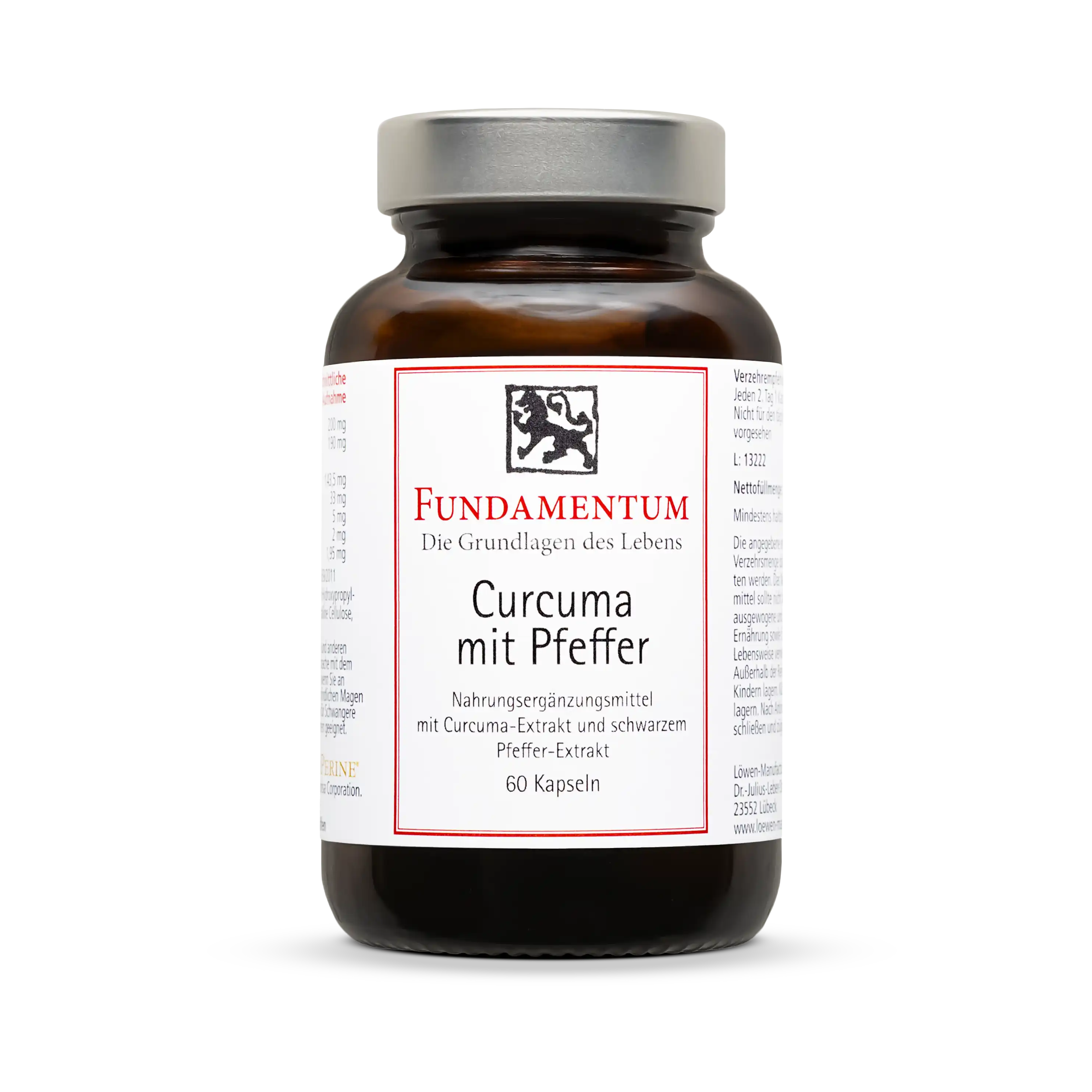 Fundamentum Curcuma mit Pfeffer Kapseln – 60 Stück zur Unterstützung bei Entzündungen und zur Förderung der Verdauung; enthalten 400 mg Kurkuma-Extrakt mit 380 mg Curcuminoiden (darunter 287 mg Curcumin) und 4 mg schwarzer Pfeffer-Extrakt (3,9 mg Piperin) pro Kapsel; vegan, frei von Laktose, Gluten, Farbstoffen und Gelatine; im Braunglasfläschchen mit Schraubverschluss