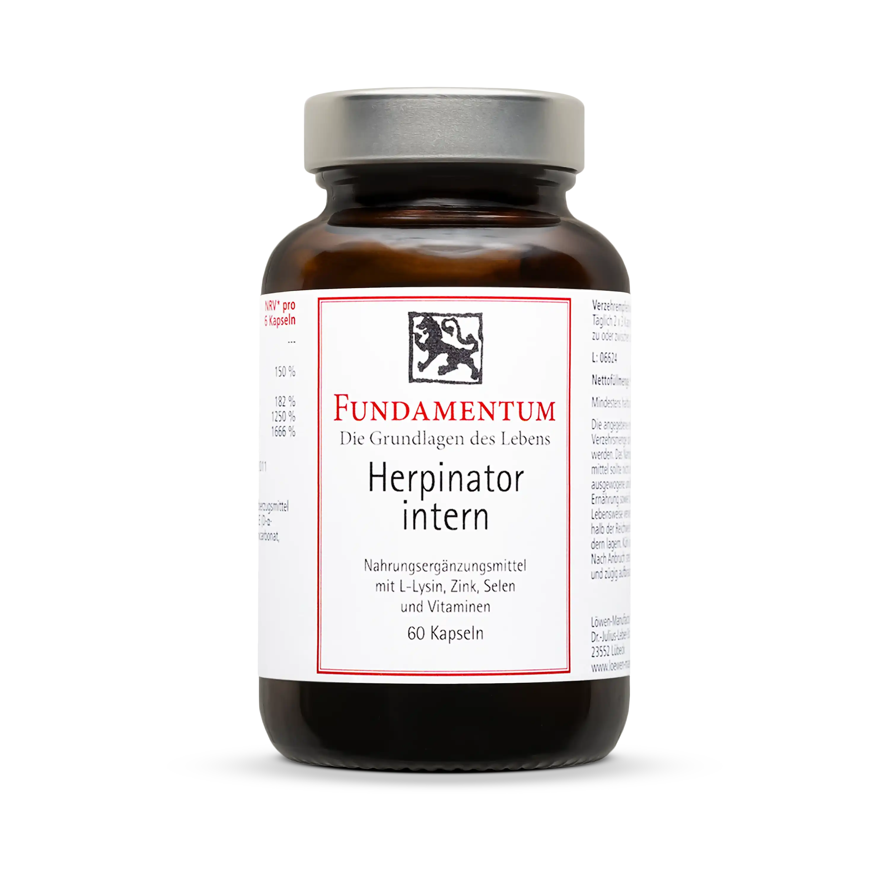 Herpinator intern Kapseln – 60 Stück zur gezielten Unterstützung bei Herpes; enthalten L-Lysin, Vitamin C, Vitamin E, Zink und Selen zur Stärkung des Immunsystems und zum Schutz der Lippen von innen; vegan, frei von Laktose, Gluten, Farbstoffen und Gelatine; im Braunglasfläschchen mit Schraubverschluss