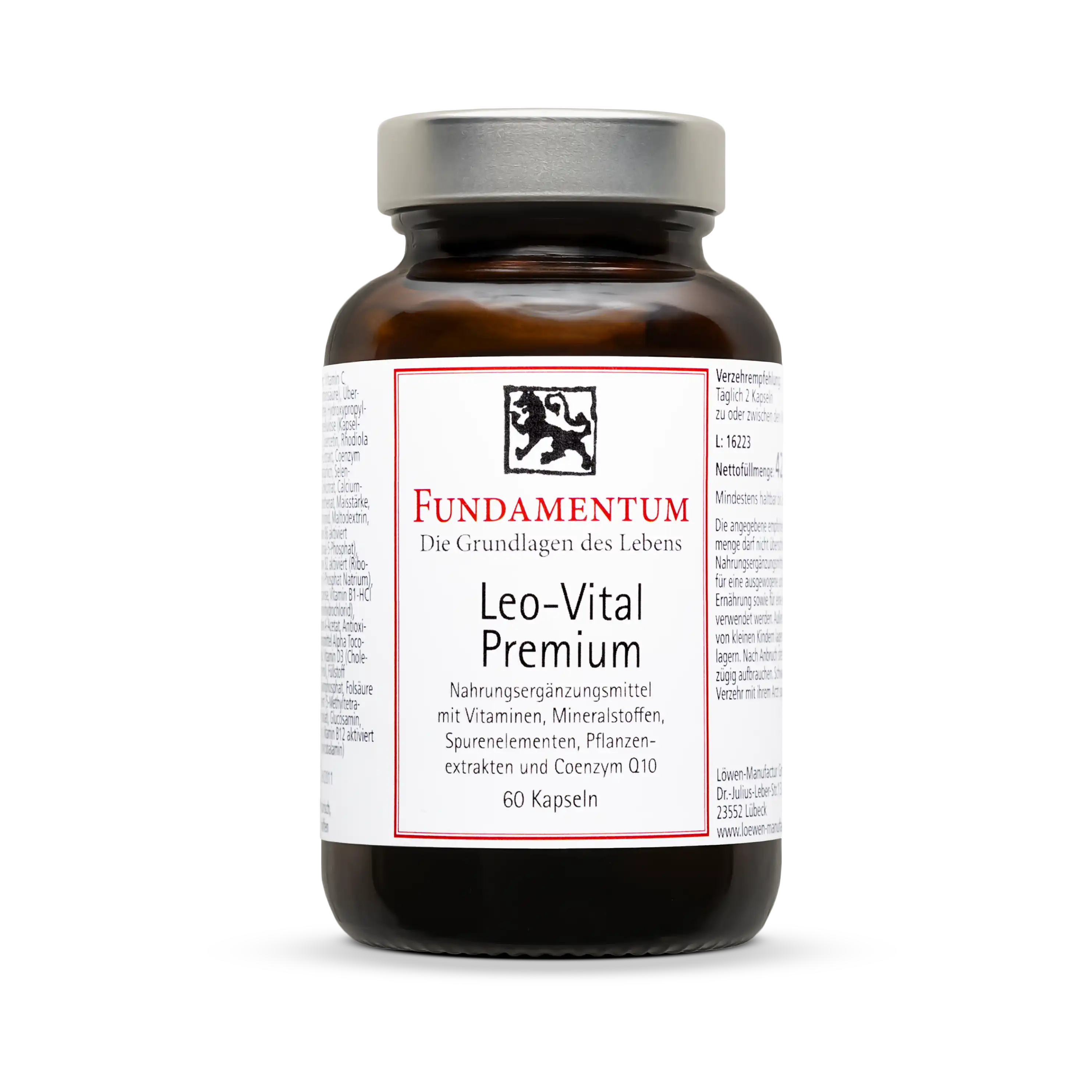 Fundamentum LEO-Vital Premium Kapseln – 60 Stück zur Unterstützung des Immunsystems nach Infekten und bei körperlicher sowie seelischer Belastung; enthalten pro Kapsel 100 mg Quercetin, 100 mg Rhodiola-Rosea-Extrakt, 250 mg Vitamin C, 1000 i.E. Vitamin D3, 50 mg Coenzym Q10, 7,5 mg Zink sowie aktivierte B-Vitamine, Vitamin A, Selen und Folsäure; vegan, frei von Laktose, Gluten, Farbstoffen und Gelatine; im Braunglasfläschchen mit Schraubverschluss