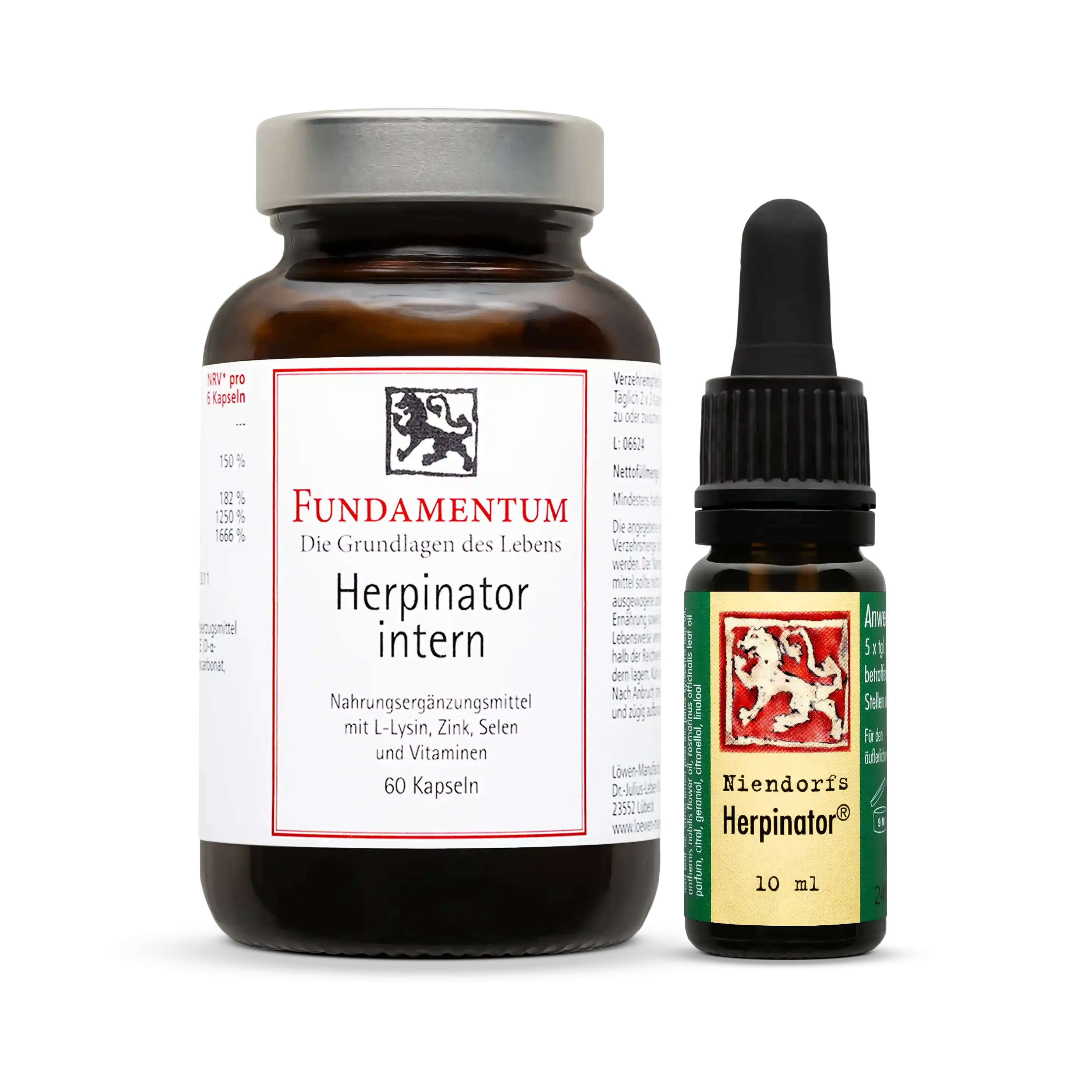 Vorteils‑Set Herpinator – enthält Niendorfs Herpinator® Öl (10 ml im Braunglasfläschchen mit Pipette) und 60 Herpinator intern Kapseln mit L‑Lysin, Vitamin C & E, Zink und Selen zur inneren und äußeren Unterstützung bei Herpes; 100 % natürlich und vegan