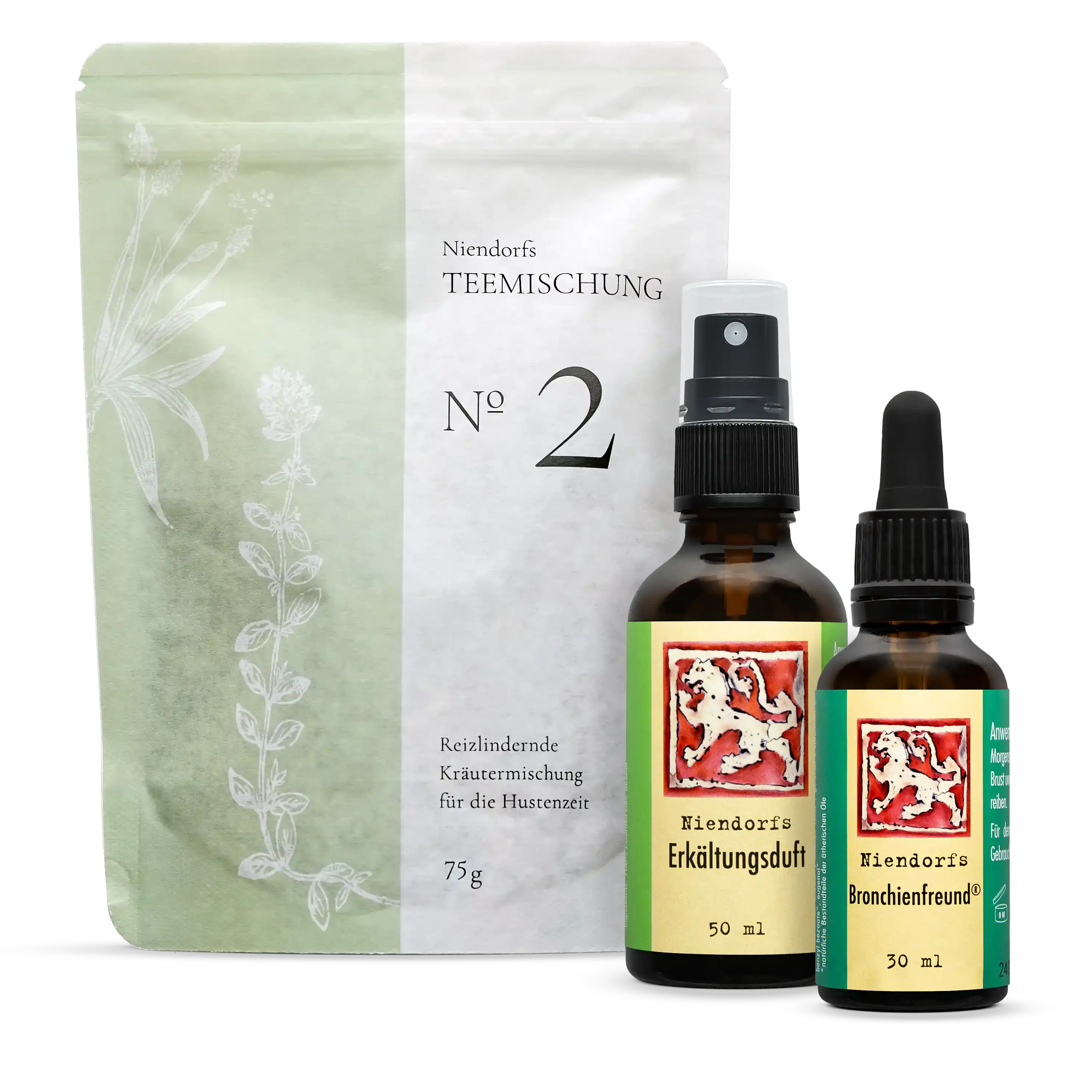 Vorteils-Set Husten von Löwen-Manufactur – bestehend aus Niendorfs Bronchienfreund (30 ml), Niendorfs Erkältungsduft (50 ml) und gratis Teemischung Nr. 2 zur natürlichen Linderung von Hustenreiz und Unterstützung der Atemwege, in Braunglasfläschchen mit Pipette und Sprühaufsatz