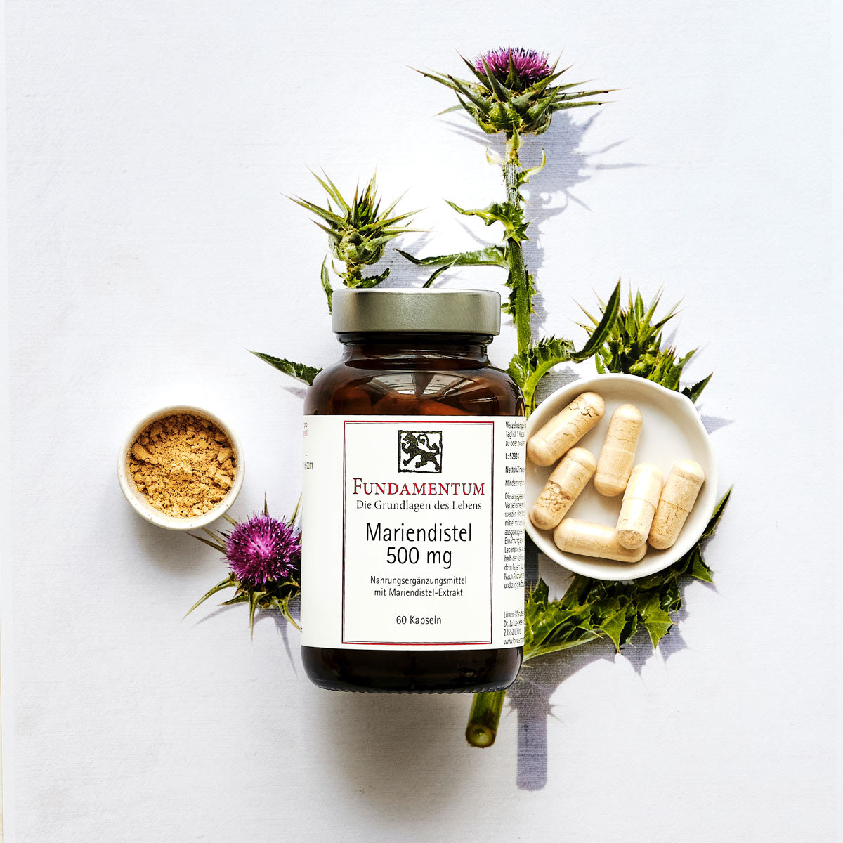 Fundamentum Mariendistel Kapseln – 60 Stück mit 500 mg Mariendistel-Extrakt pro Kapsel zur Unterstützung der Leber- & Gallengesundheit, vegan, frei von Laktose, Gluten, Farbstoffen und Gelatine; im Braunglasfläschchen mit Schraubverschluss