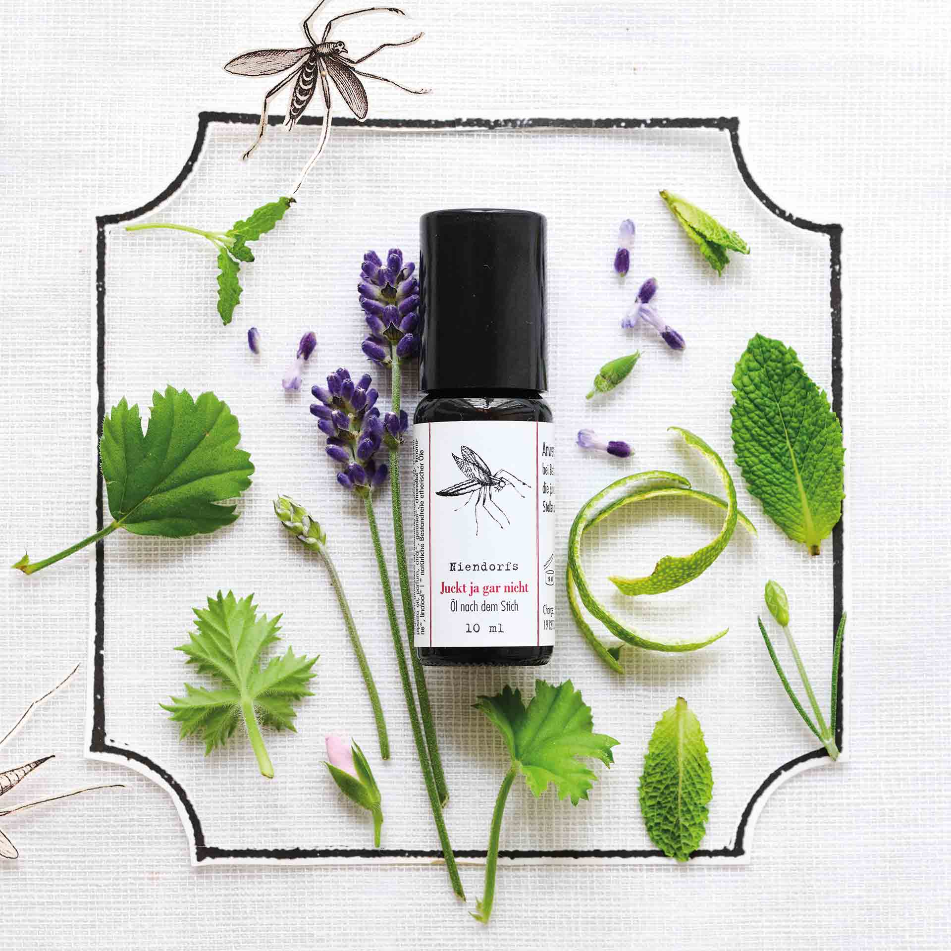 Niendorfs ‚Juckt ja gar nicht‘ – 10 ml pflanzlicher Roll-on mit Pfefferminze, Lavendel, Manuka, Eukalyptus, Bergamotte, Rosengeranie, blauer Kamille und Thymian zur Linderung von Juckreiz nach Insektenstichen, im Braunglasfläschchen mit praktischer Kugelapplikation