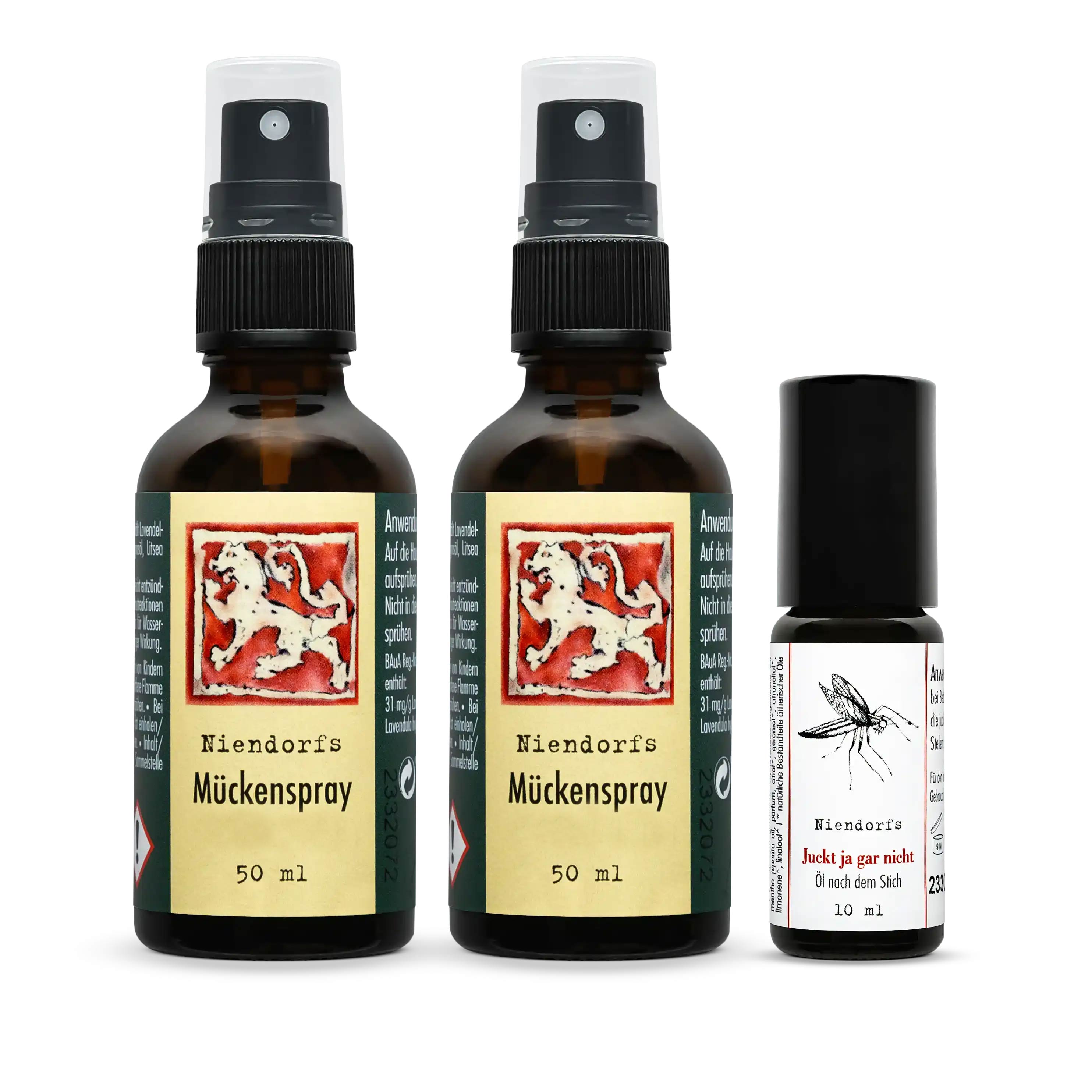 Vorteils-Set Mückenschutz von Löwen-Manufactur – enthält 2× Niendorfs Mückenspray (je 50 ml) mit ätherischen Ölen aus sowie 1× gratis Roll-on ‚Juckt ja gar nicht‘ (10 ml) mit Pfefferminze, Lavendel, Manuka, Eukalyptus, Bergamotte, Rosengeranie, blauer Kamille und Thymian zur Linderung von Juckreiz nach Insektenstichen; alle Produkte im Braunglasfläschchen mit Sprühaufsatz bzw. Kugelapplikator