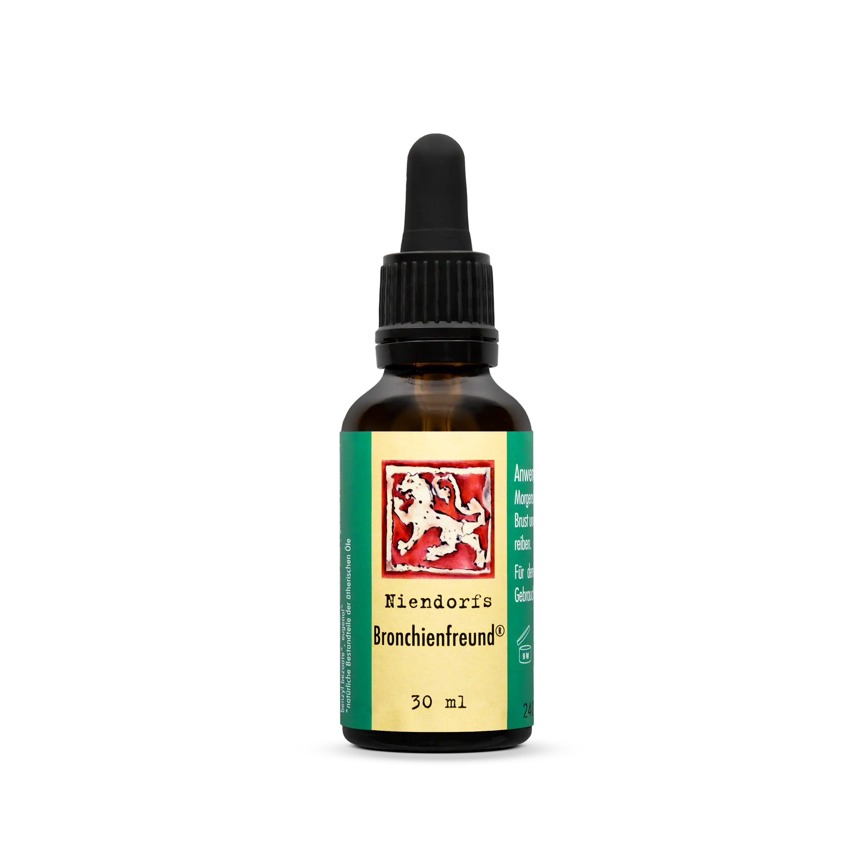 Niendorfs Bronchienfreund – 30 ml pflanzliches Pflegeöl mit ätherischen Ölen aus Anis, Bergamotte, Myrte, Thymian, Salbei, Zeder, Orange, Rose und Benzoe zur Linderung von Hustenreiz und zur Unterstützung des Abhustens, im Braunglasfläschchen mit Pipette