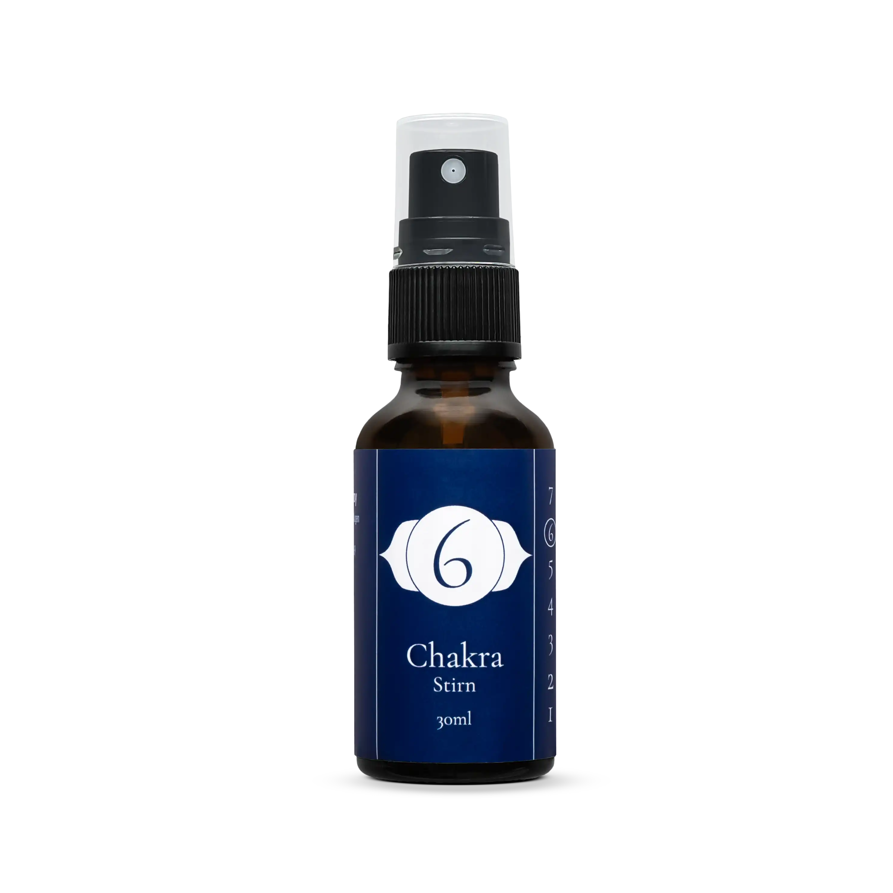 Chakra-Spray 6 – Stirn von Löwen-Manufactur – 50 ml natürliches Raumspray mit ätherischen Ölen aus Lemongras, Ackerminze, Myrrhe, rotem Thymian, Immortelle, Rosmarin cineol und Zirbelkiefer zur energetischen Unterstützung des Stirnchakras (Ajna); im Braunglasfläschchen mit Sprühaufsatz