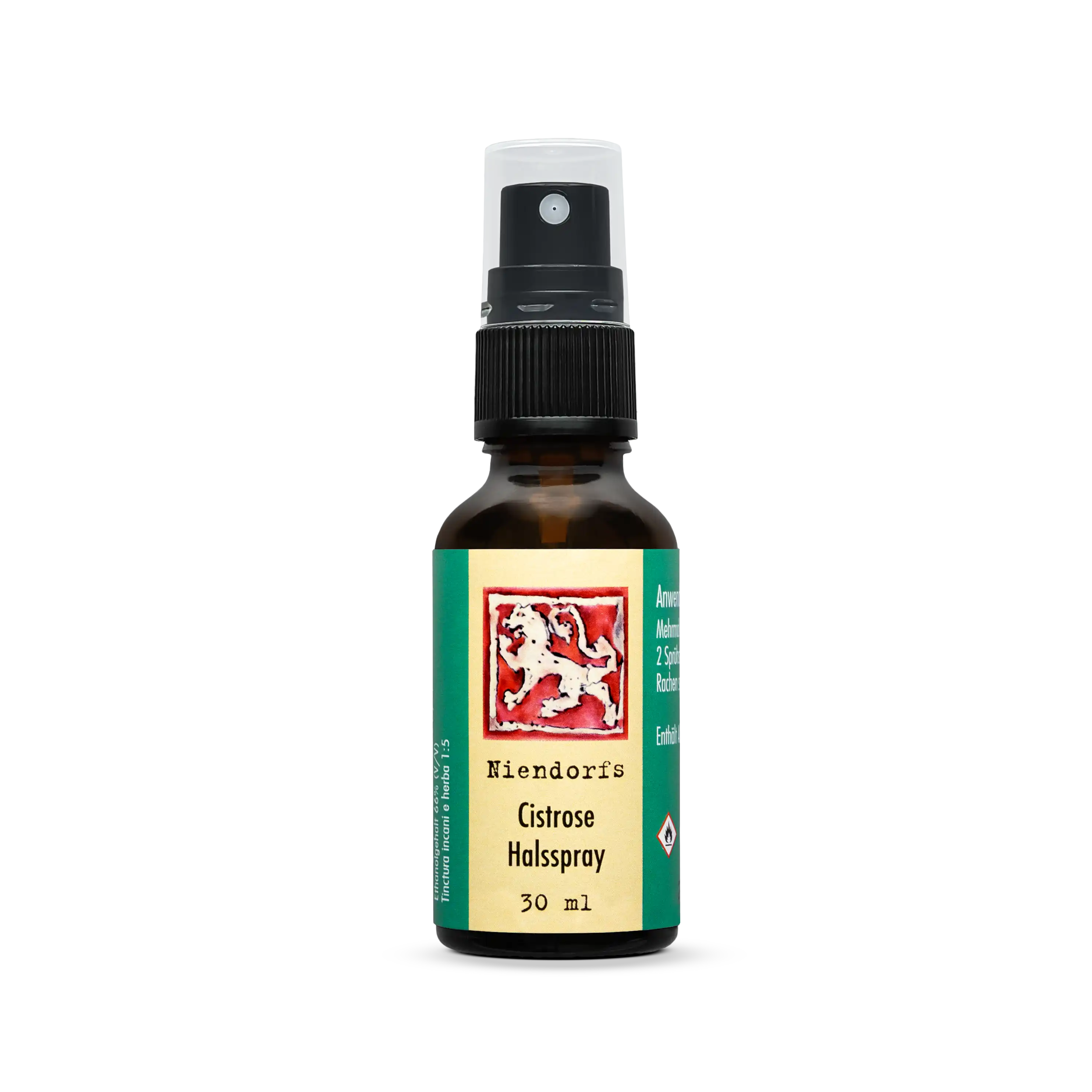Niendorfs Cistrose Halsspray – 30 ml pflanzliches Rachenspray mit Tinktur aus Cistus incanus (1:5) in 70 % Ethanol (66 % v/v) zur natürlichen Unterstützung der Infektabwehr und Linderung von Halsbeschwerden, im Braunglasfläschchen mit Sprühaufsatz