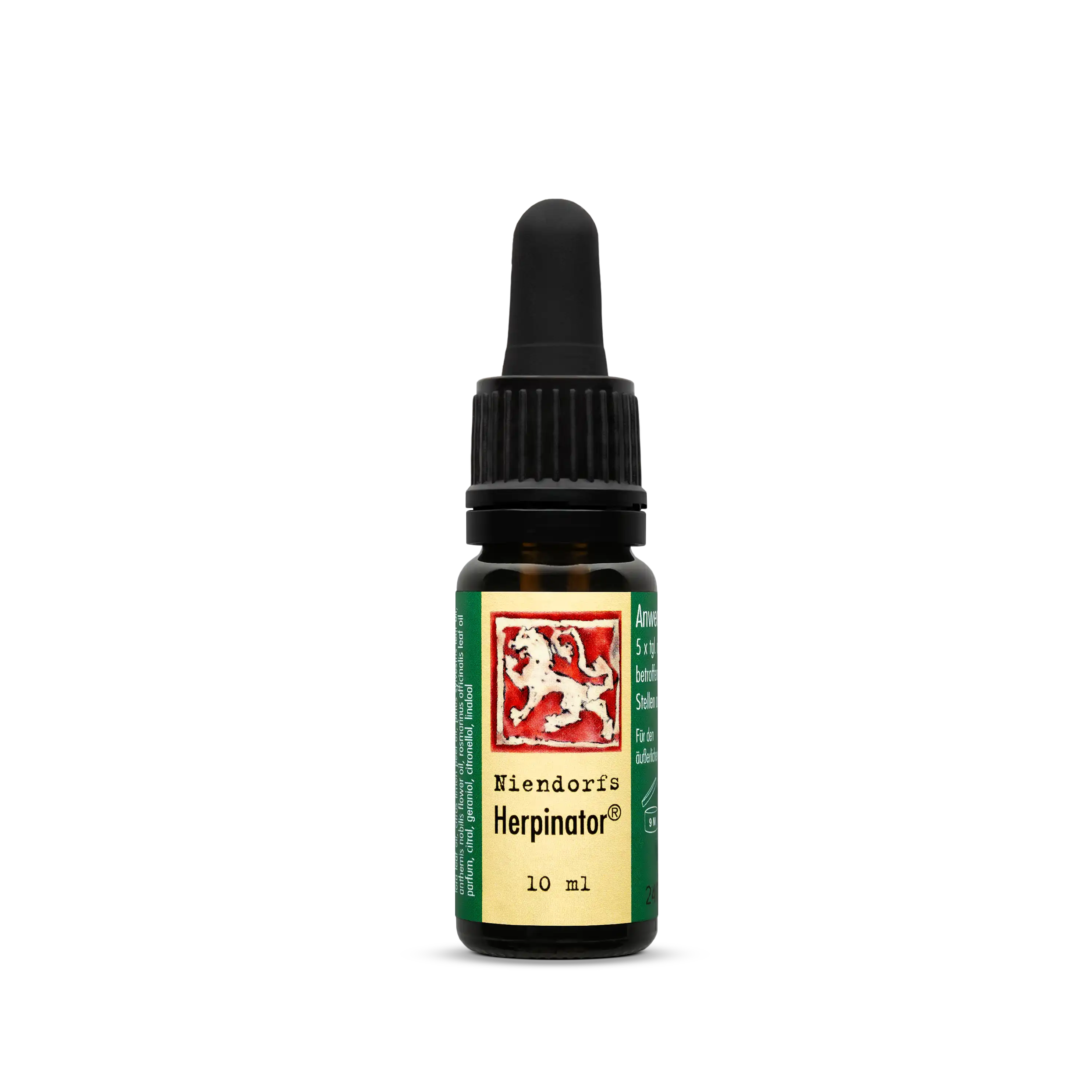 Niendorfs Herpinator® – 10 ml pflanzliches Pflegeöl mit Melisse, Teebaum, Ravintsara, Eukalyptus, Kiefernnadel, Niaouli, Rosmarin, Zitrone, Calendula, Kamille römisch und Aloe Vera zur Linderung von Lippenherpes, im Braunglasfläschchen mit Pipette