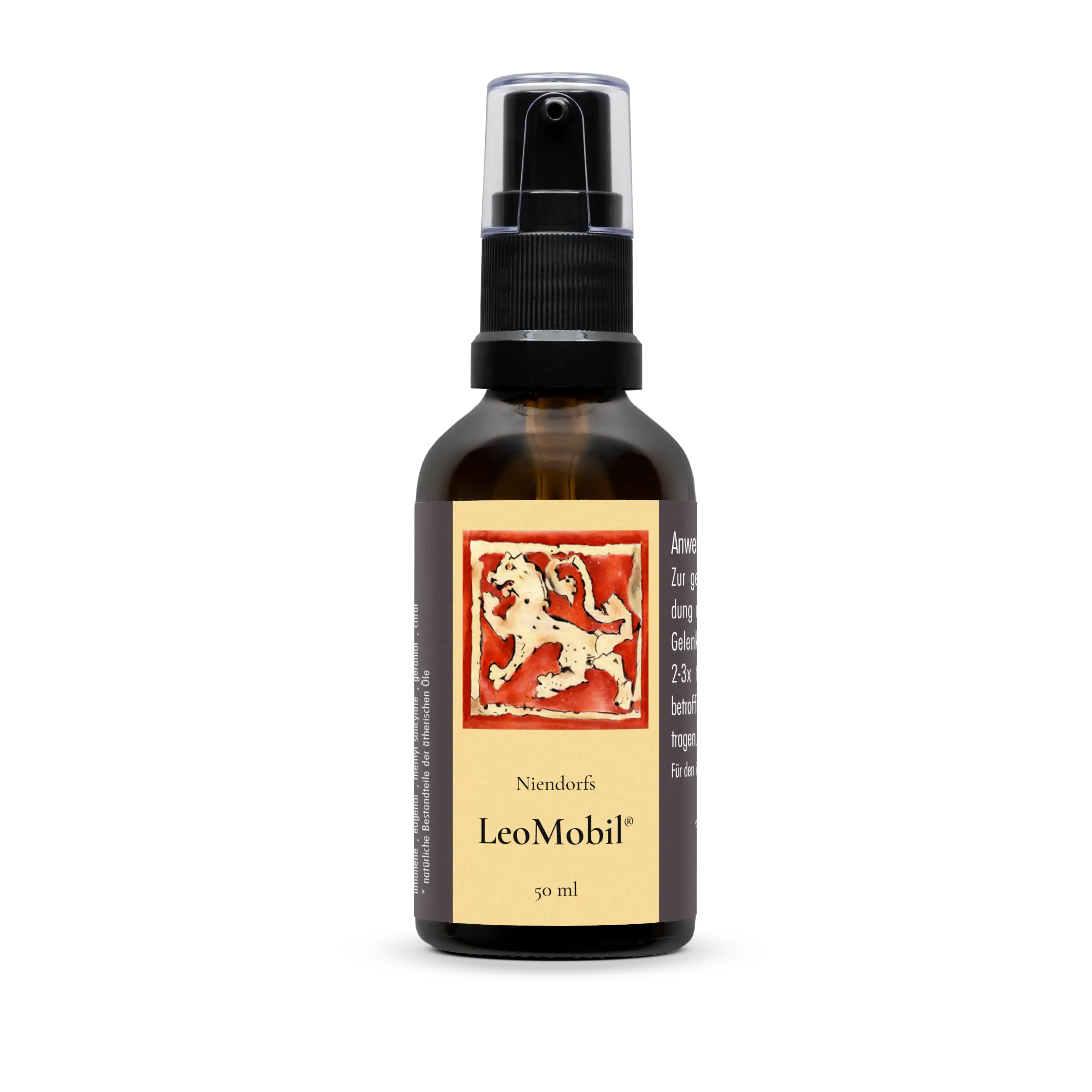 Niendorfs LeoMobil® – 50ml ätherische Öl-Mischung mit Dosierpumpe zur Linderung von Gelenk- und Muskelschmerzen, im Braunglasfläschchen