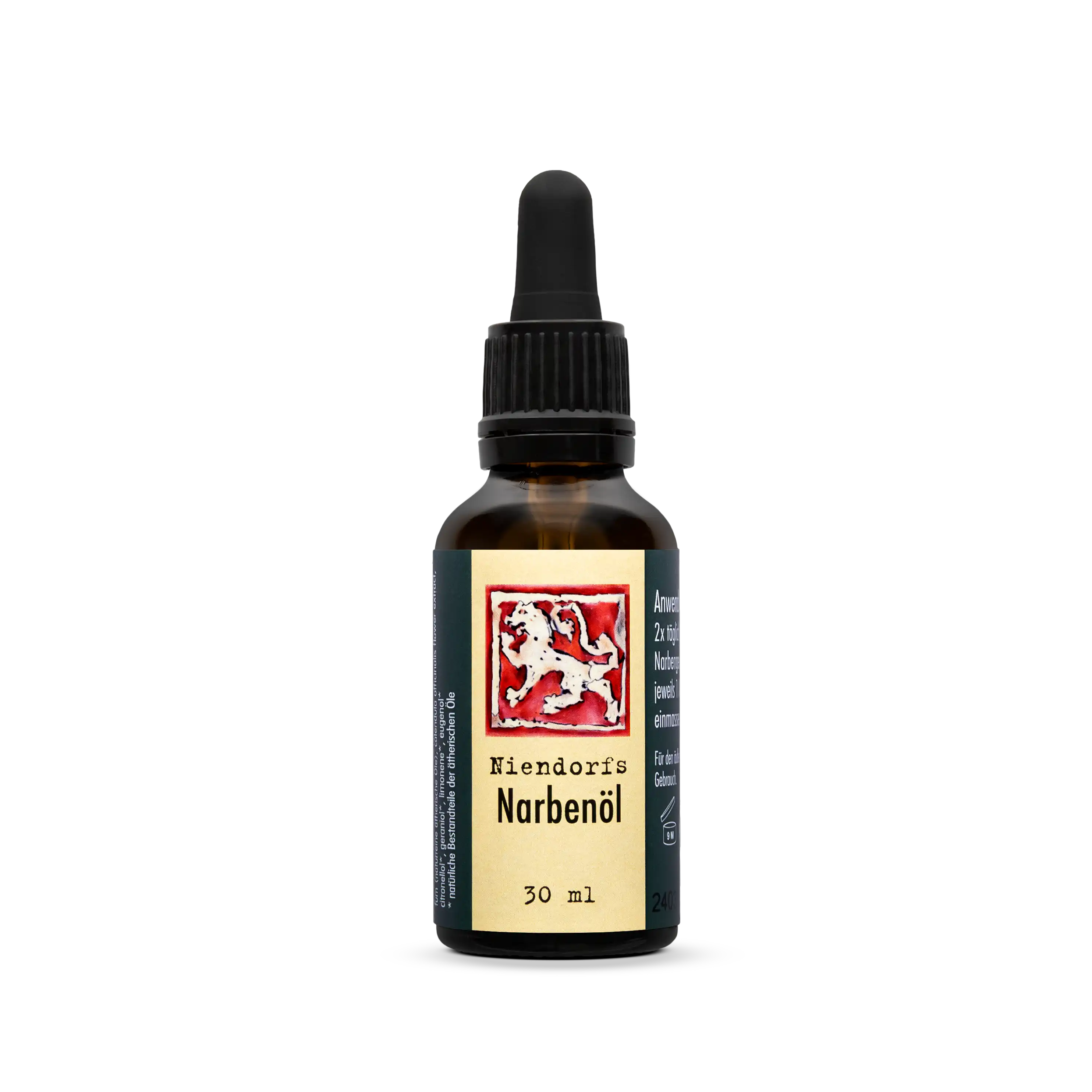 Niendorfs Narbenöl – 30 ml ätherische Öl-Mischung mit Lavendel, Rosmarin, Calendula, Myrrhe, Rosengeranie, Ho-Blättern und Rosenextrakt zur Unterstützung der Hautregeneration bei frischen und alten Narben, im Braunglasfläschchen mit Pipette