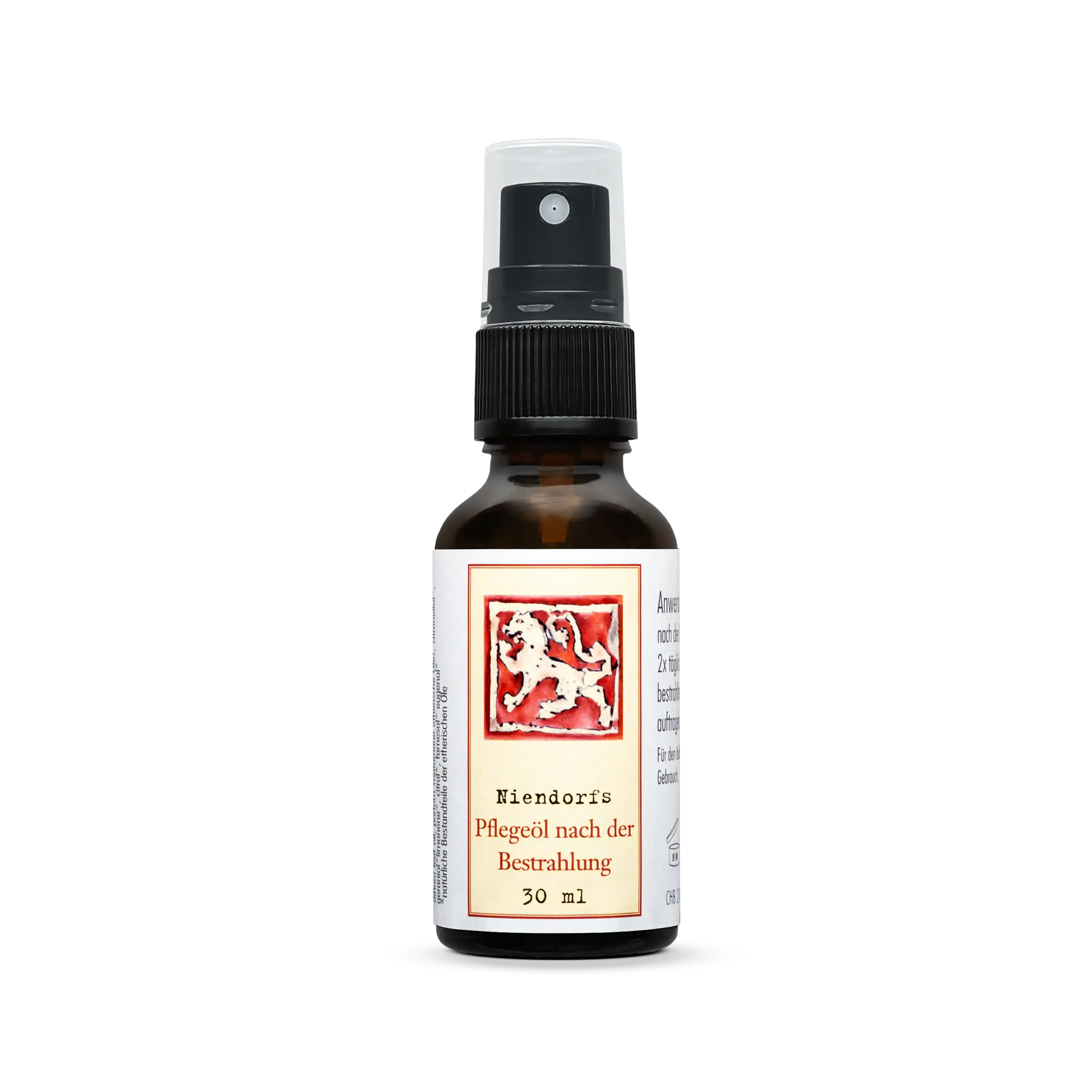 Niendorfs Pflegeöl nach der Bestrahlung – 30 ml natürliches Hautpflegeöl mit Lavendel, Rosengeranie, Niaouli und Damaszener Rose in Aloe Vera- und Johanniskrautöl zur Unterstützung der Hautregeneration nach Strahlentherapie, im Braunglasfläschchen mit Sprühaufsatz