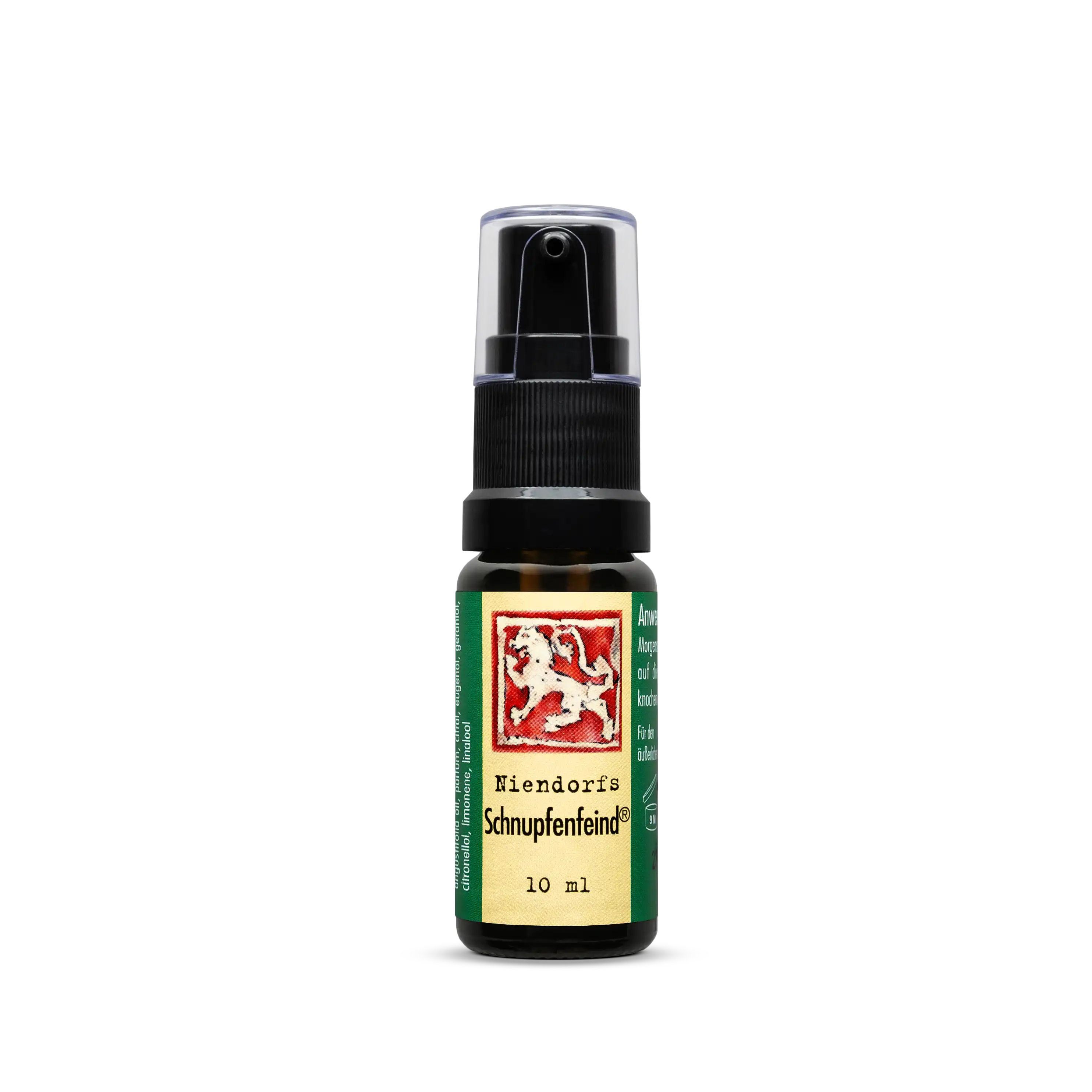 Niendorfs Schnupfenfeind® – 10 ml ätherische Öl-Mischung mit Eukalyptus, Lavendel, Lemongras, Majoran, Angelikawurzel und römischer Kamille zur Erleichterung der Nasenatmung bei Schnupfen, im Braunglasfläschchen mit praktischer Dosierpumpe