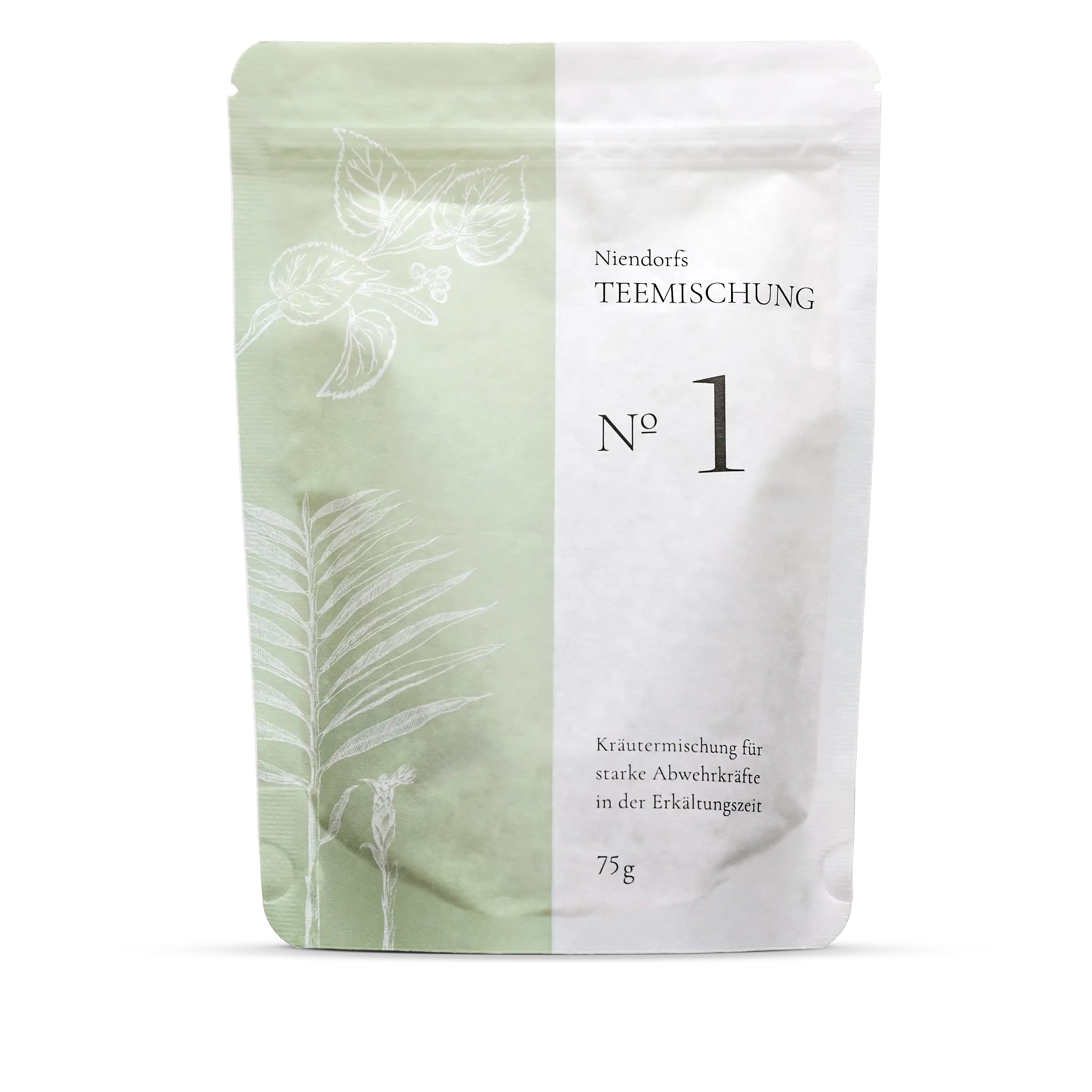 Teemischung Nr. 1 – 75 g wohlschmeckende Kräuterteemischung mit Linden- und Holunderblüten, Ingwer, Zimt, rotem Sonnenhut und Kap-Pelargonie zur Unterstützung in Erkältungszeiten; aus überwiegend kontrolliert biologischem Anbau, vegan, im wiederverschließbaren Papierbeutel