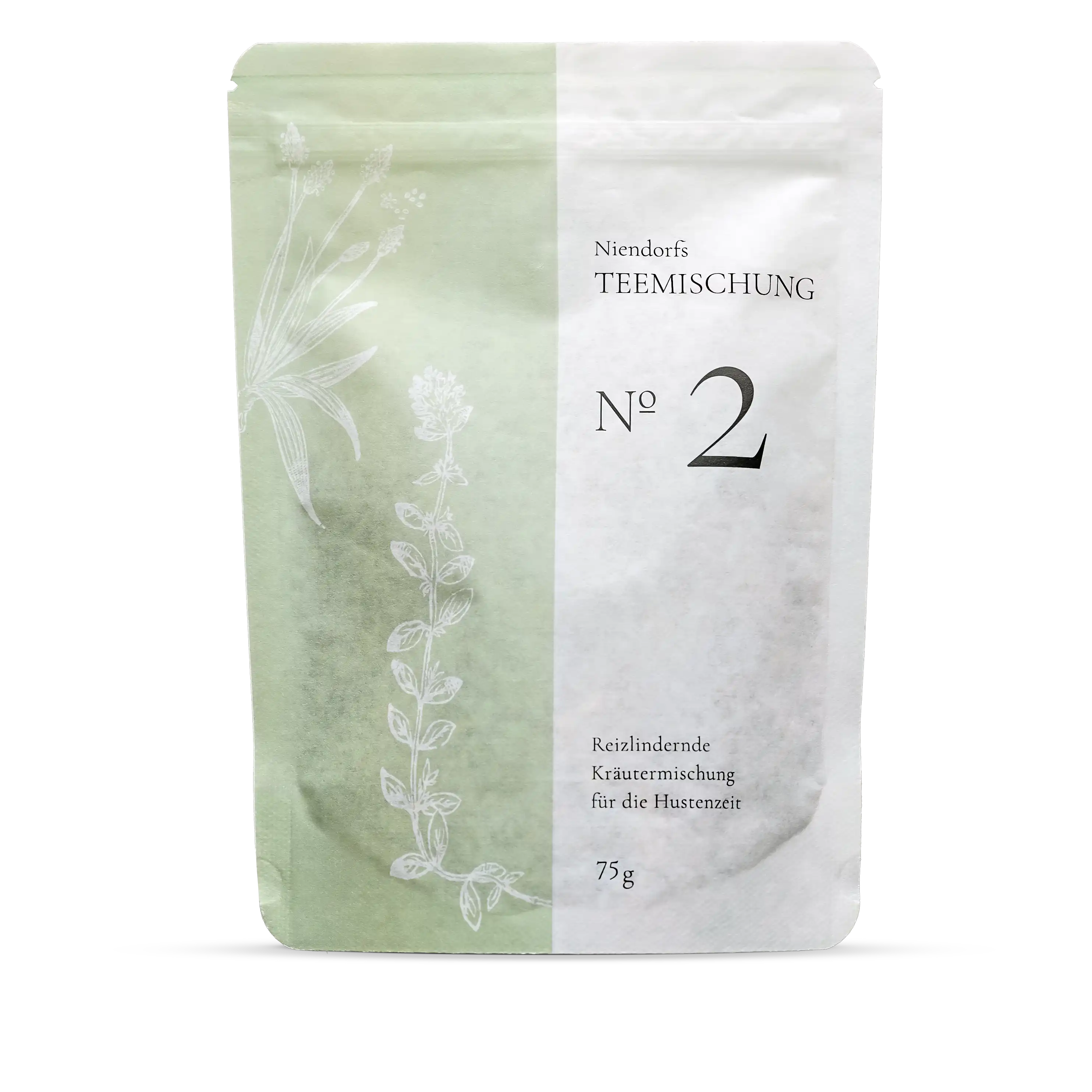 Teemischung Nr. 2 – 75 g Kräuterteemischung mit Spitzwegerich, Eibisch, Malve, Primelblüten, Süßholzwurzel und Thymian zur Linderung von Hustenreiz und zur Schleimlösung; aus überwiegend kontrolliert biologischem Anbau, vegan, im wiederverschließbaren Papierbeutel