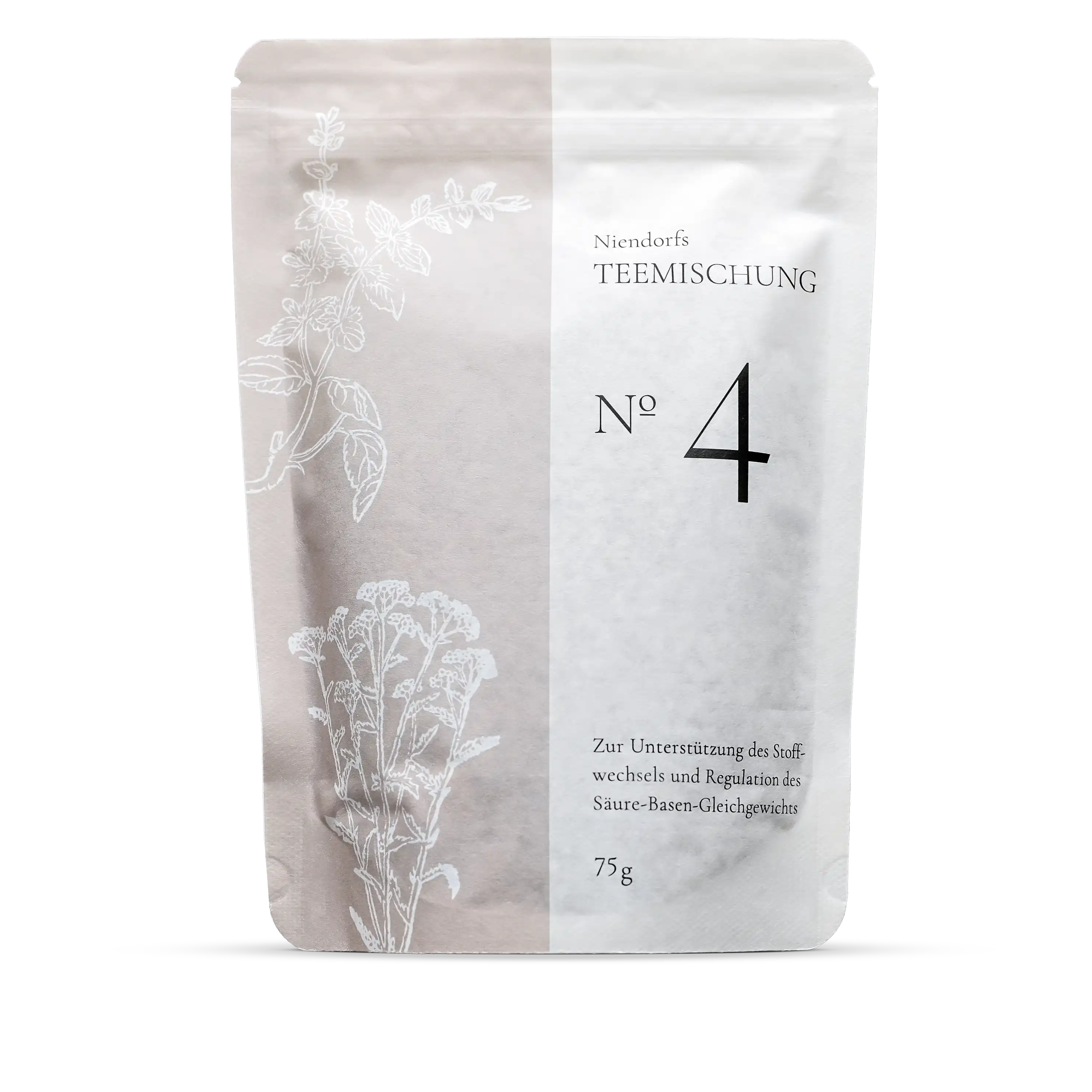 Teemischung Nr. 4 – 75 g Wildkräutermischung mit Schafgarbe, Birkenblättern, Melisse, Anis, Fenchel und Brennnessel zur Regulierung von Säure-Basen-Haushalt und Förderung der Nieren- und Stoffwechselfunktion, aus überwiegend kontrolliert biologischem Anbau, vegan, im wiederverschließbaren Papierbeutel
