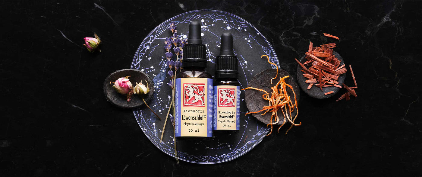 Zwei Fläschchen Löwenschlaf-Massageöl umgeben von Lavendel, Rosenknospen und Sandelholzstücken auf schwarzem Untergrund