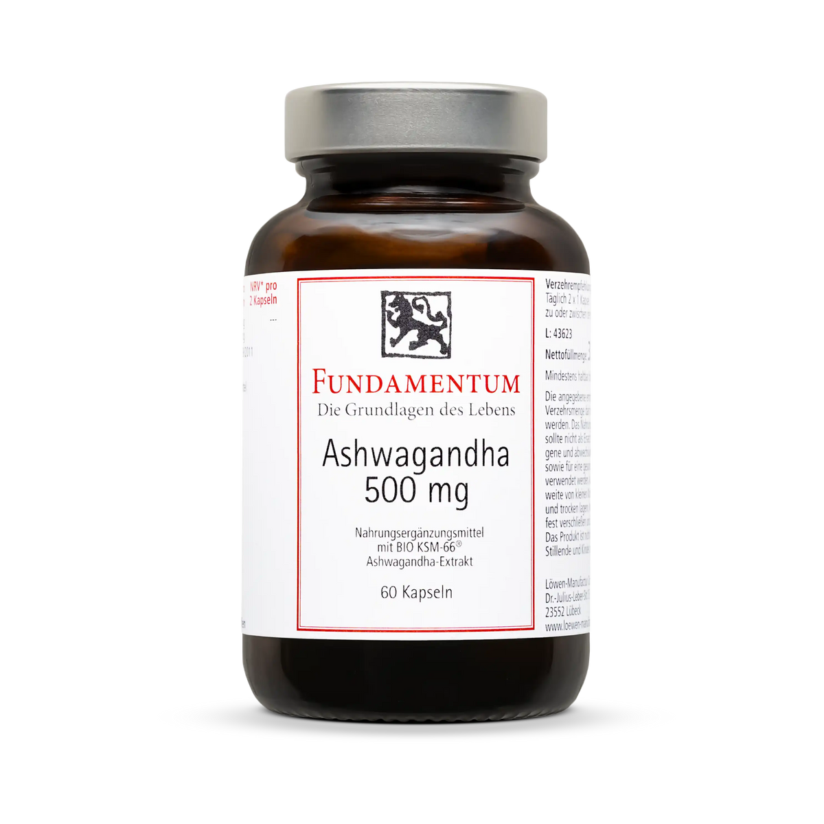 Ashwagandha Kapseln – 60 Stück mit 500 mg Bio-KSM-66® Ashwagandha-Extrakt pro Kapsel, ausschließlich aus der Wurzel gewonnen, vegan, frei von Laktose, Gluten, Farbstoffen und Gelatine, im Braunglasfläschchen mit Schraubverschluss“