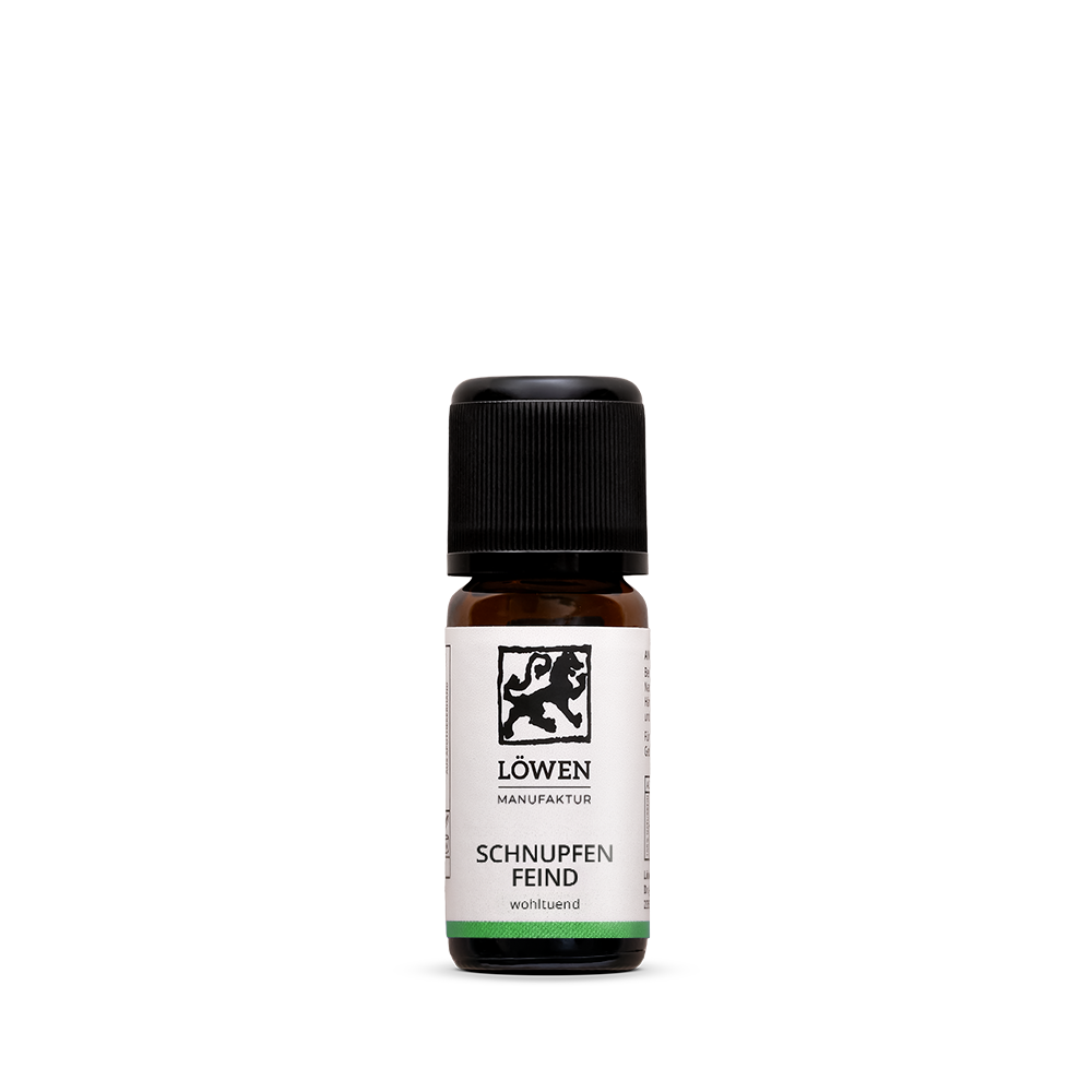 Schnupfenfeind ätherisches Öl in brauner Glasflasche mit schwarzem Schraubverschluss, freigestellt auf weißem Hintergrund als Produktabbildung.