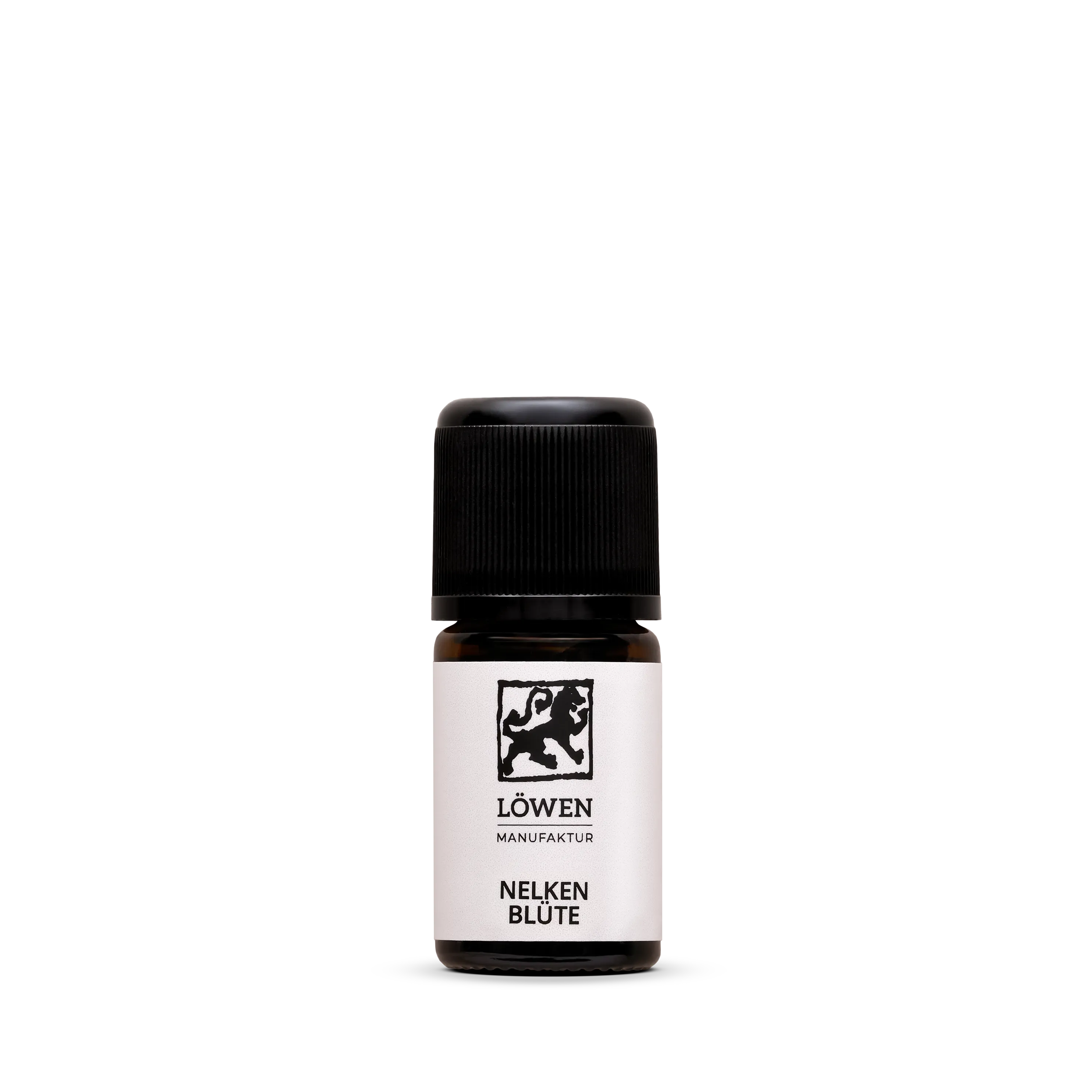 Braunglasflasche mit schwarzem Sicherheitsverschluss: Ätherisches Nelkenblüten-Öl von der Löwen-Manufaktur, freigestelltes Produktbild auf transparentem Hintergrund.