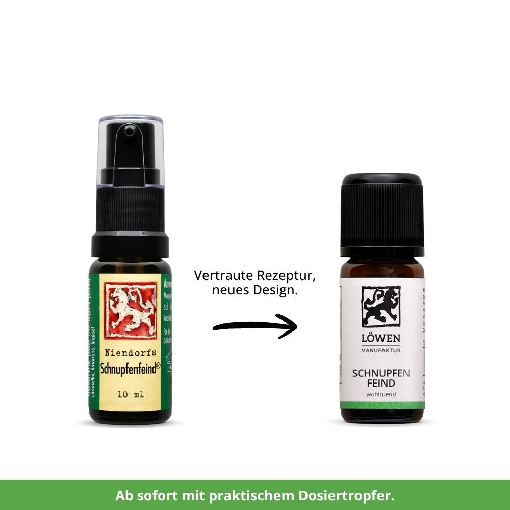 Vorher-Nachher-Vergleich der Schnupfen Feind Duftmischung der Löwen-Manufaktur: vertraute Rezeptur im neuen Design mit praktischem Dosiertropfer.