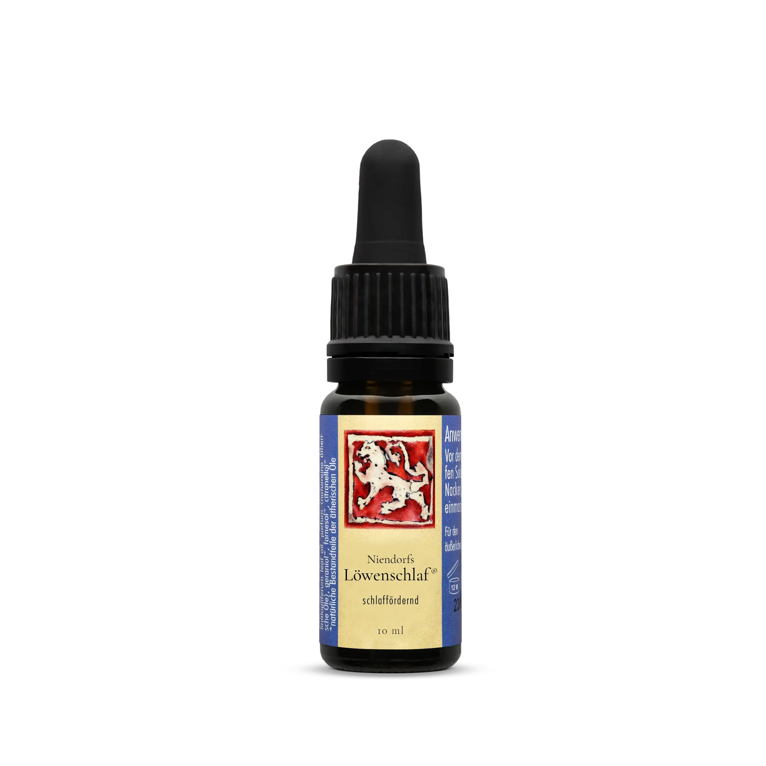 Ätherische Ölmischung Löwenschlaf in einer kleinen 10ml braunglas Flasche mit Gummi-Glaspipette Etikette ist blau-violett in der Front sonnengelb mit dem Logo der Löwen-Manufaktur.